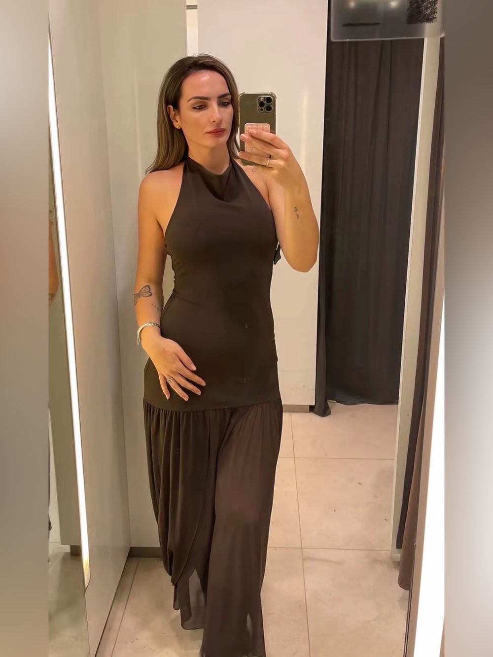 Zara Dark Brown Halter Maxi Dress with Sheer Skirt - Picture 8 of 14